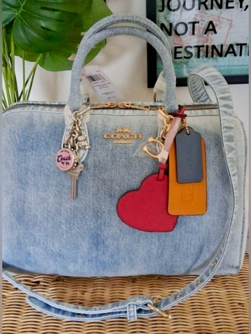 COACH LRG ROWAN DENIM SATCHEL + MATCHING WRISTLET BOTH NWT WITH CHARMS - Picture 3 of 15